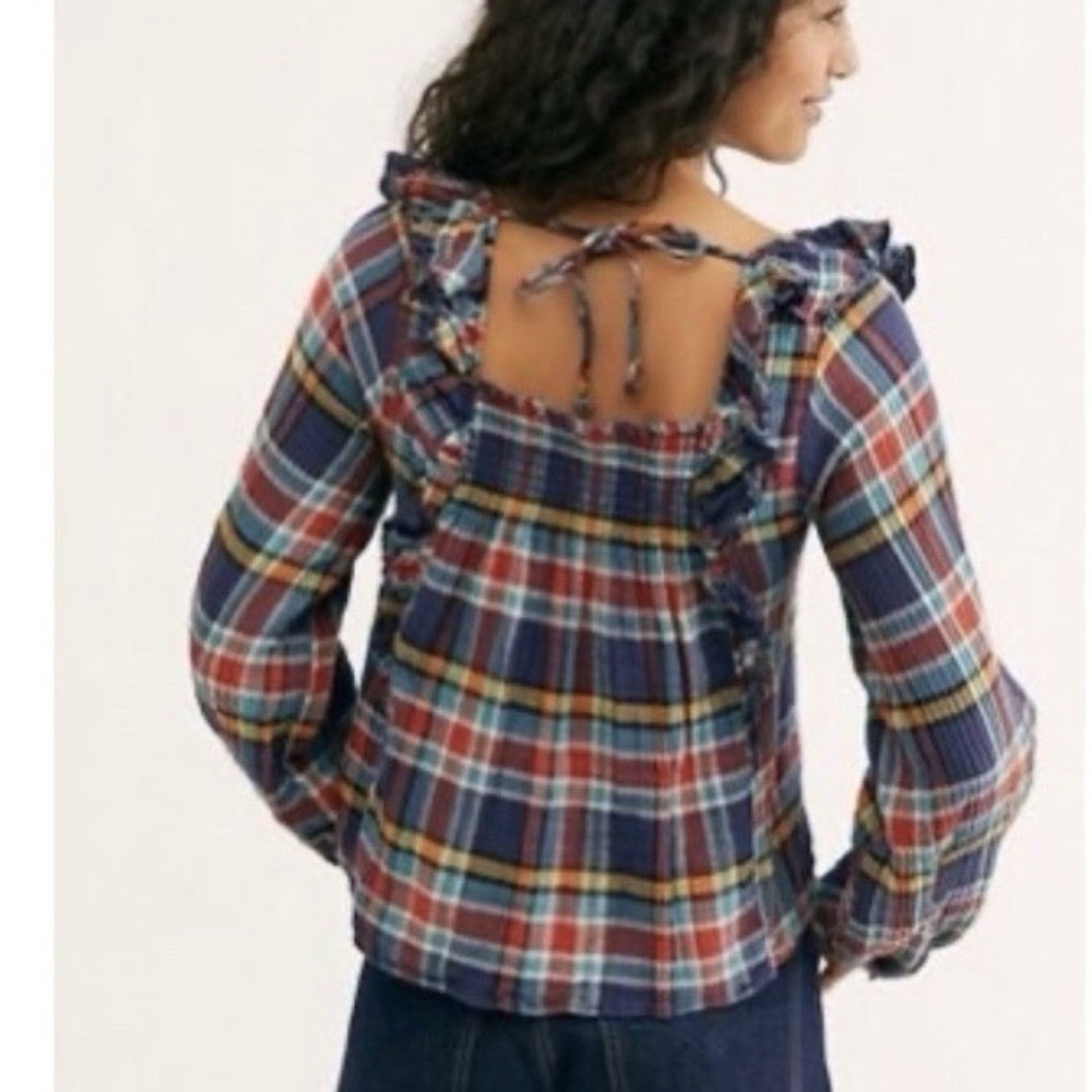 We the FREE PEOPLE New Siena Plaid Pullover TOP Small Babydoll Teal Country $118 - Picture 7 of 16